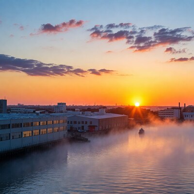 Sunset over foggy harbor with boat