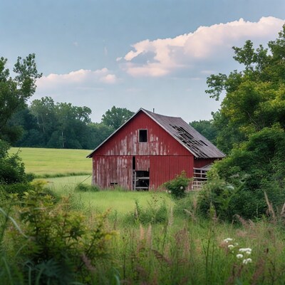 Old Red Barn in Green Field