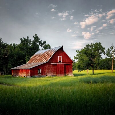Red Barn in Green Field
