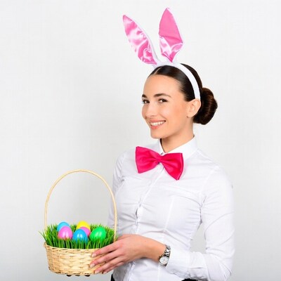 Woman with bunny ears holding Easter basket