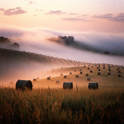 Hay bales in misty sunrise field
