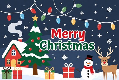 Merry Christmas illustration with snowman reindeer