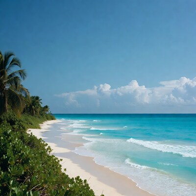 Tropical beach with palm trees and turquoise ocean