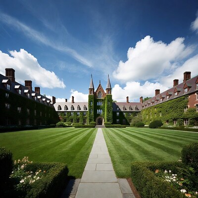 Gothic University Courtyard with Green Lawn