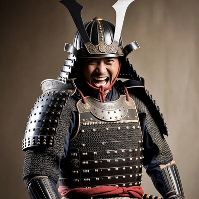 Asian samurai warrior shouting in armor