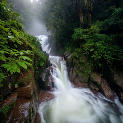 Misty Waterfall in Lush Jungle