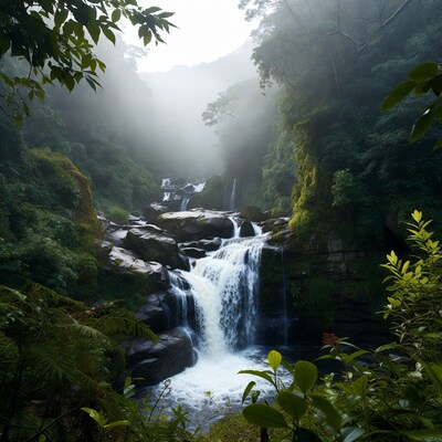 Misty Waterfall in Lush Jungle