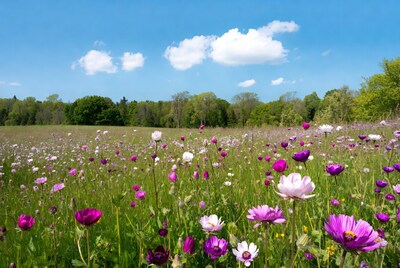 Purple and white cosmos flower field