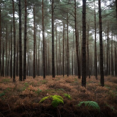 Foggy Pine Forest with Heather