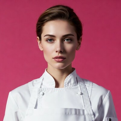 Woman in white chef uniform pink background