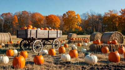 Pumpkin Patch with Hay Bales and Wagon