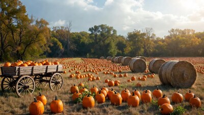 Pumpkin Patch with Hay Bales and Wagon