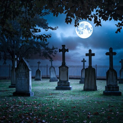 Moonlit Cemetery with Gravestones and Crosses