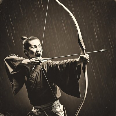 Samurai man shooting bow and arrow