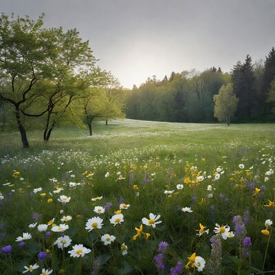 Flower Meadow with Trees and Sun Rays