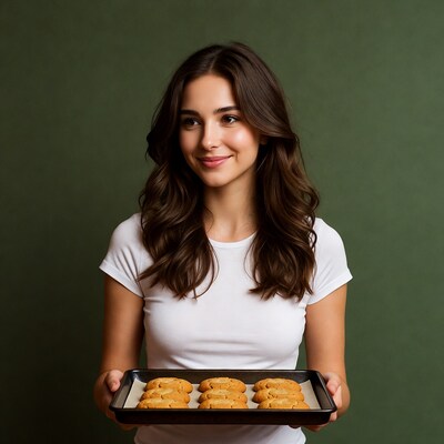 Woman holding tray of cookies