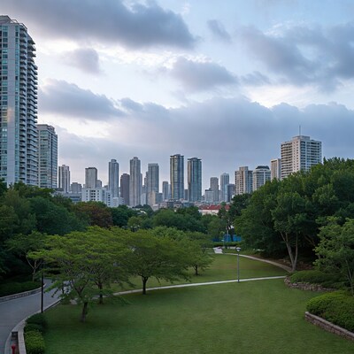 City skyline over green park