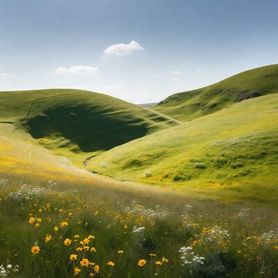 Green rolling hills with yellow wildflowers