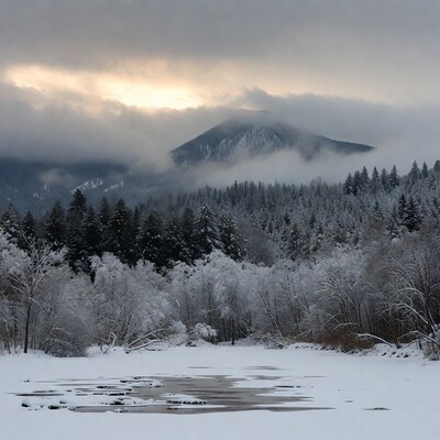 Snowy Mountain Lake with Foggy Forest