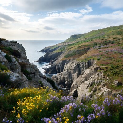 Cliff Coastline with Wildflowers and Ocean