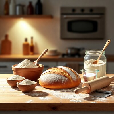 Fresh bread with flour on kitchen table
