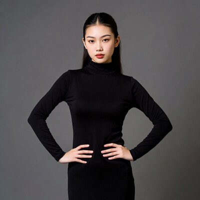 Asian woman in black turtleneck dress