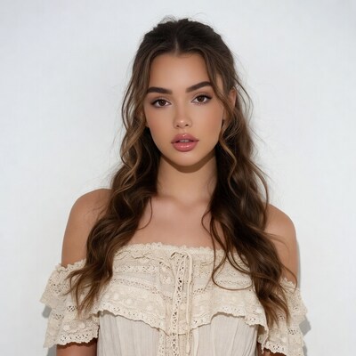 Woman in off-shoulder lace top
