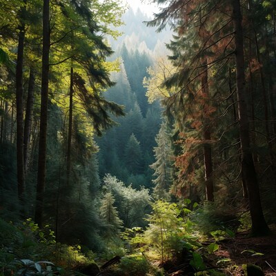 Sunlit Forest Path with Towering Trees
