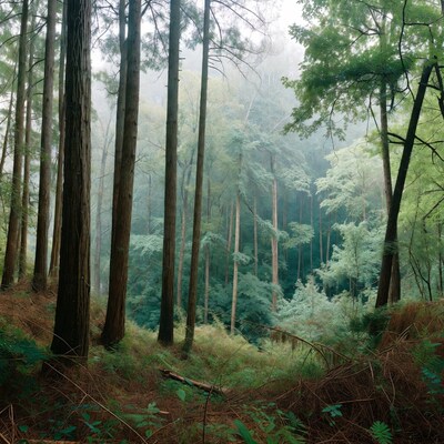 Misty Redwood Forest Landscape