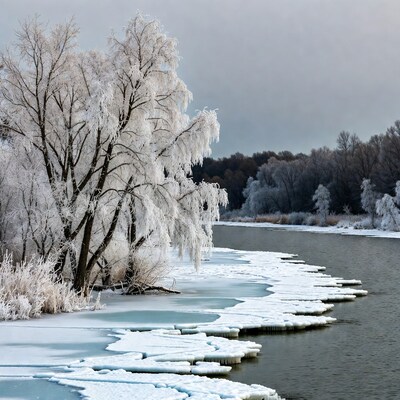 Snowy Trees Along Frozen River