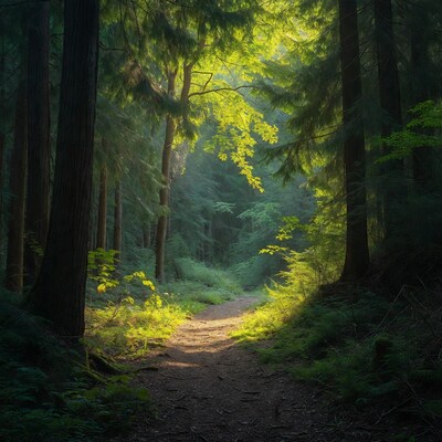 Sunlit Forest Path Through Tall Trees