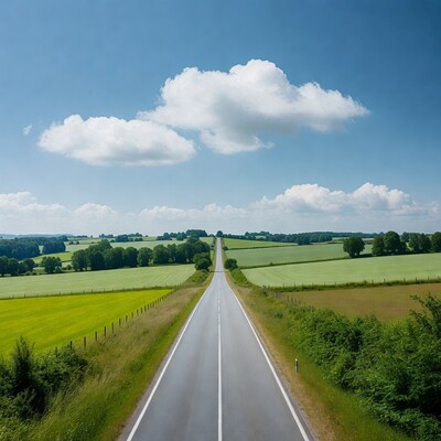 Country road through green fields