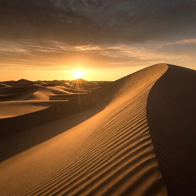 Sunset over desert sand dunes