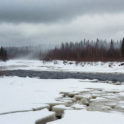 Icy River in Snowy Forest