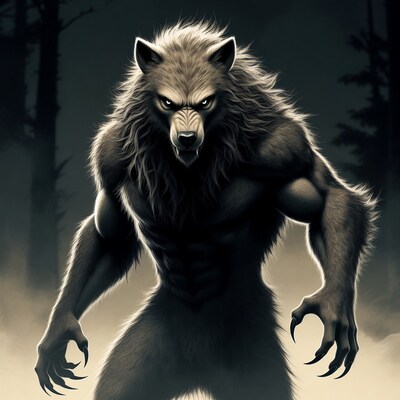 Roaring Werewolf in Dark Forest