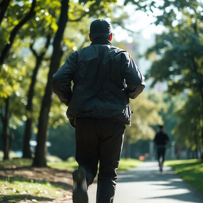 Asian man jogging in park path
