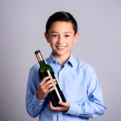 Boy holding green wine bottle