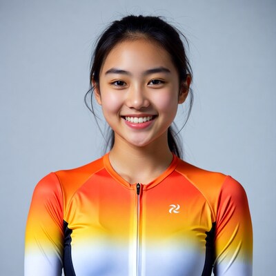 Asian girl smiling in orange cycling jersey