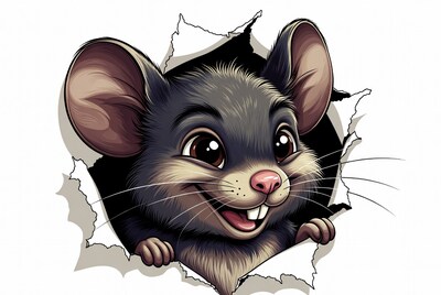 Cute mouse peeking through torn paper