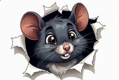 Cute mouse peeking through torn paper