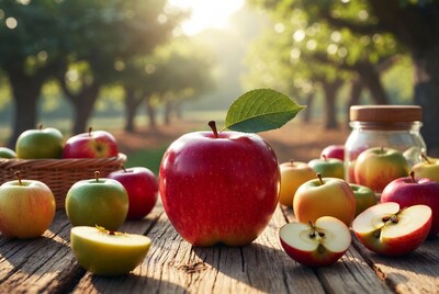Fresh apples on wooden table orchard background