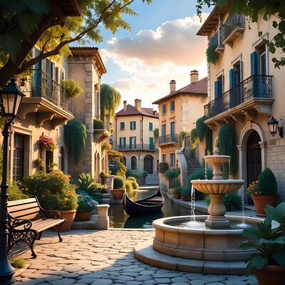 Venetian Canal with Fountain and Gondola