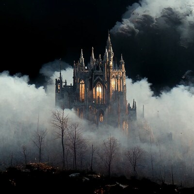 Gothic Cathedral in Foggy Night