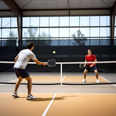 Two men playing pickleball indoors