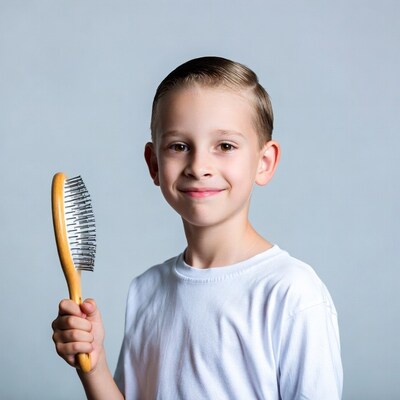 Boy holding wooden hairbrush