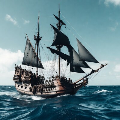 Pirate ship sailing on ocean