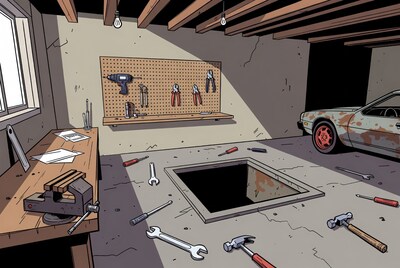 Cartoon Garage with Rusty Car and Tools