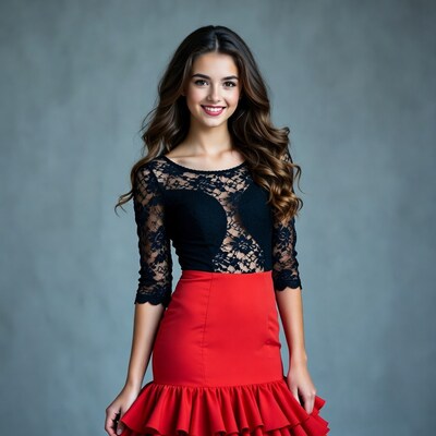 Woman in black lace top red ruffled skirt