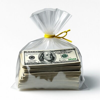 Stack of $100 bills in clear plastic bag