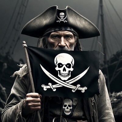 Pirate man holding Jolly Roger flag